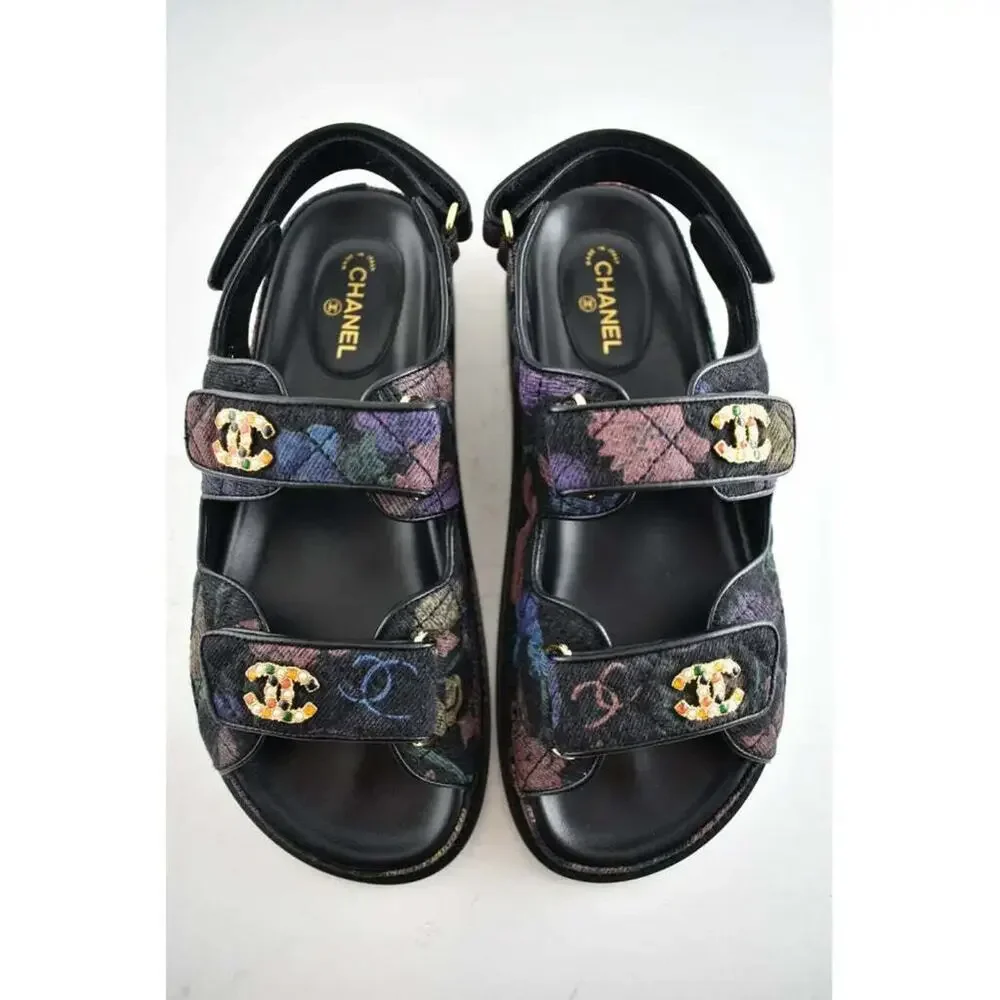 Chanel 21A Black Denim Graffiti CC Logo Mule Slide Strap Flat Teva Dad Sandal 39 - Picture 8 of 11